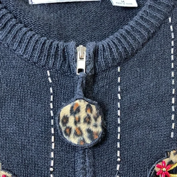 Victoria Jones Black Embroidered Christmas Holiday Cardigan Leopard Print Medium - Picture 6 of 15